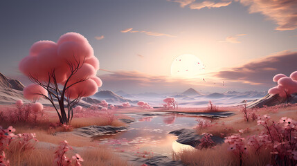Wall Mural - beautiful fantasy alien planet, Desert landscape with pink trees and blue sky in 3d render