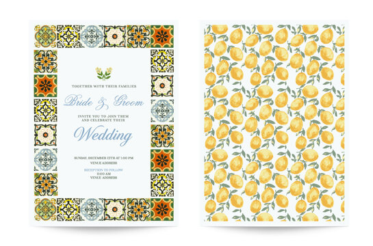 Italian Wedding Invitation Card, Bridal Shower with Lemons Theme and Tiles. Wedding Invitation Template, Mediterranean Italian Style.