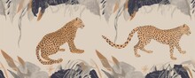 Hand Drawn Abstract Pattern With Leopards In Vintage Style. Artistic Collage Seamless Pattern. Natural Colors. Fashionable Template For Design, Generative AI