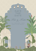 Mughal Wedding Card Design. Invitation Card For Printing Vector Illustration.