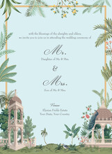 Mughal Garden Wedding Invitation Card Design. Tropical Trees, Flowers, Peacock, Bird Elements For Invitation Card Design.