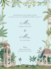 Wall Mural - Mughal garden wedding invitation card design. Tropical trees, flowers, peacock, bird elements for invitation card design.