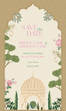 Mughal Wedding Invitation Card Design. Invitation card for printing vector illustration.