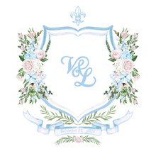 Painted Watercolor Light Pink Rose, Light Blue Flower And Blue Wedding Crest With Fleur De Lis Heraldic Symbol Isolated On White Background.