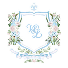 Painted watercolor light pink rose, light blue flower and blue wedding crest with fleur de lis heraldic symbol isolated on white background.