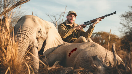 ivory poaching awareness, poacher with gun next to a dead elephant in africa, holding a rifle after 