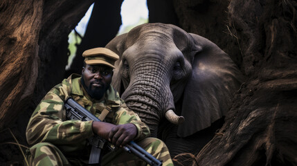 ivory poaching awareness, military man with a gun in front of elephant in africa, holding a rifle fo