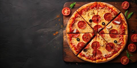 delicious homemade pizza on black wooden table. italian food with cheese and tomato top view backgro