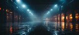Fototapeta Uliczki - Warehouse logistic building on melancholic dark night background. Generative AI technology.