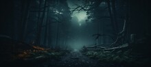 Misty Forest Horror Melancholic Dark Night Background. Generative AI Technology.