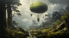 Vintage Aerostat Flies Over A Swamp Landscape Mysterious Lost Island Fantasy World. Generative AI