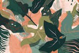 Fototapeta Młodzieżowe - Modern exotic jungle plants illustration pattern. Creative collage contemporary floral seamless pattern. Fashionable template for design, Generative AI