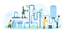 Installation Of Home Water Supply System Vector Illustration. Cartoon Tiny People Install Treatment Filter And Boiler, Plumbing, Valves And Water Meter Inspection By Workers Of Maintenance Service