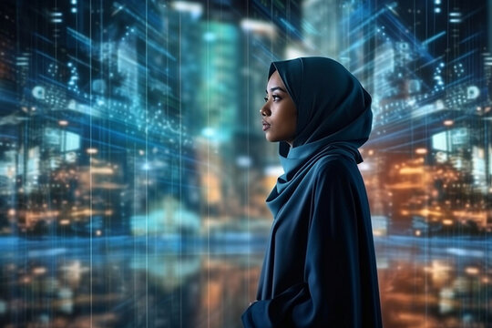 Wall Mural -  - Side view of Asian businesswoman with hijab and big data background 