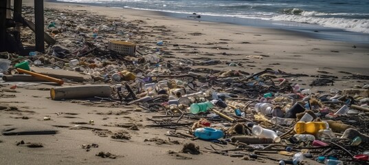 Pile of trash polluted beach shore background. Environment waste damage. Generative AI technology.