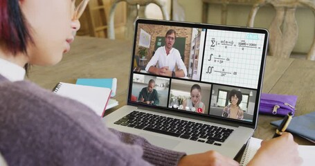Poster - Composition of asian schoolgirl on laptop online learning with diverse teacher and children