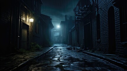 Wall Mural - Dark alleyway shrouded in mystery. Halloween concept for ghost-hunting equipment supplier, paranormal podcast, ghost tour agency.