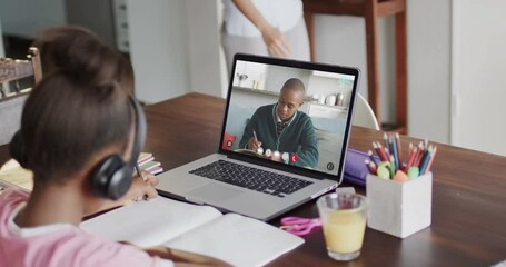 Canvas Print - Composition of african american schoolgirl on laptop online learning and african american schoolboy