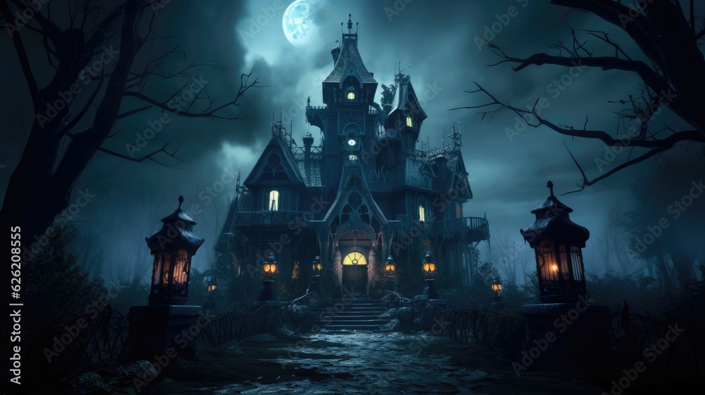 Haunted Setting Eerie mist envelops the haunted mansion. Halloween concept for haunted ...