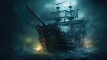 Haunted Shipwreck Emerging From The Misty Ocean. Halloween Concept For Nautical-themed Restaurant, Marine Adventure Tour, Ghost Ship-themed Party.