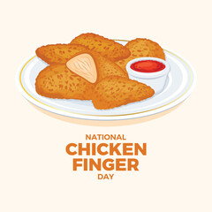 Wall Mural - National Chicken Finger Day vector illustration. Fried chicken fingers with red sauce icon vector. Chicken strips on a plate drawing. July 27. Important day