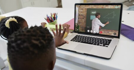 Poster - Composition of african american schoolgirl and schoolboy on laptop online learning with teacher