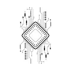 Poster - Abstract Black Simple Line Cpu, Computer, Technology Doodle Outline Element Vector Design Style Sketch Isolated On White Background Illustration