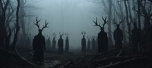 Creepy Black Cult At Haunted Foggy Forest Background. Generative AI Technology.