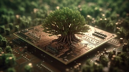 Poster - Green natural eco-friendly tree and computer technology on an abstract high-tech futuristic background of microchips and computer circuit boards with transistors. AI generated