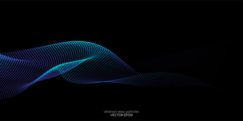 Wall Mural - Flowing dot particles wave pattern blue and green gradient light isolated on black background. Vector in concept of AI technology, science, music.