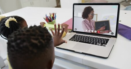 Poster - African american siblings having class during laptop video call with female teacher in slow motion