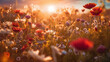 © Ron Dale - Flower field in sunlight, spring or summer garden background in closeup macro. Flowers meadow field by AI generative