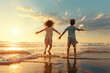 © Uros - Happy kids running, playing and splashing on the beautiful beach in sunset. Generative AI