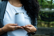 Expertly Crafted Mockup: Woman Showcasing A White Wine Tumbler, Perfect For Promoting Your Exquisite Drinkware Collection