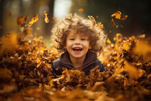Children Having Fun With Piles Of Autumn Leaves