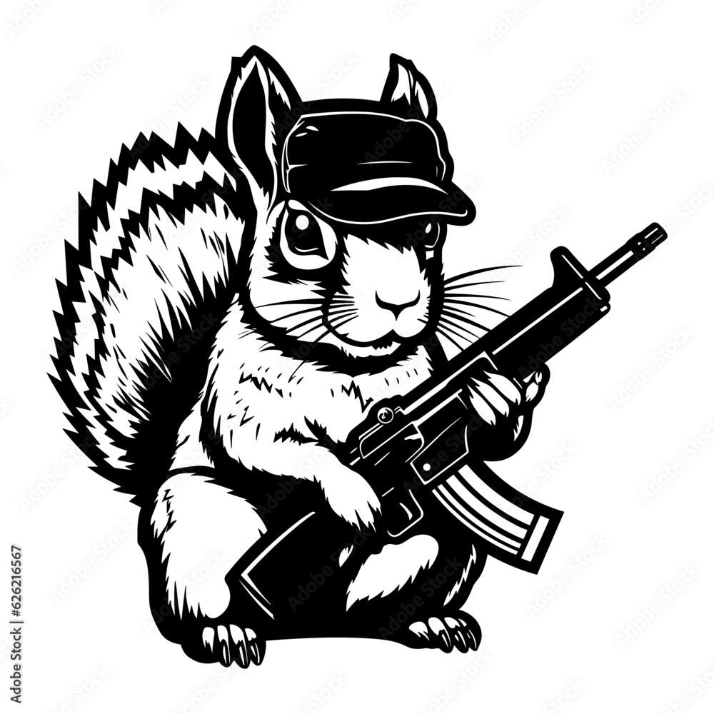 Squirrel Soldier Hunter Logo With Rifle And Hat Black Silhouette Svg 