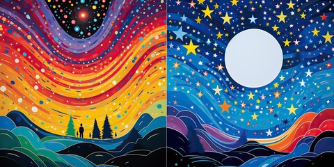 Wall Mural - AI Generated. AI Generative. Night moon abstract geometric nature outdoor landscape with city on background. Graphic Art