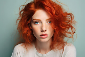 Wall Mural - Face of beautiful woman with red hair and freckles