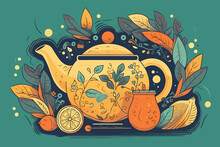 Watercolor Vector Painting Art Illustration Teapot And Cup Kettle  Chinese  Art  Background  Design Watercolor  Coffee  Isolated  Vintage  Kitchen  Illustration Leaf White Retro Tea Silhouette