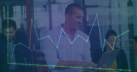 Poster - Animation of dots forming graph over grid pattern against caucasian man standing and using laptop