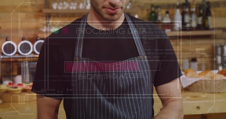 Poster - Animation of processing data with loading bar over caucasian man using digital tablet in cafe