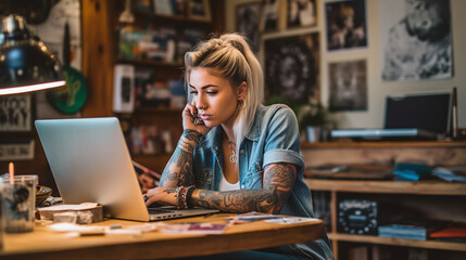 Young woman working on laptop in cafe. Girl with tattoo, designer freelancer or student work on computer laptop at table, AI generative