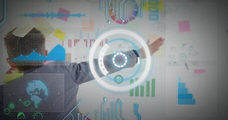 Poster - Animation of infographic interface over caucasian boy with sticky notes on face rotating in office