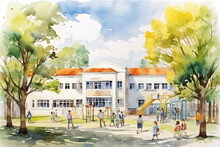 Watercolor Painting Of A School Building With Children Playing In The Yard, Back To School, White Background, Watercolor Style Generative AI