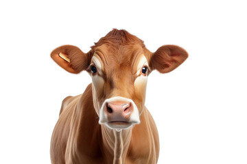 Wall Mural - Brown Cow or bullock farm portrait looking at camera isolated on clear png background, funny moment, Farmland animals concept, with Generative Ai.