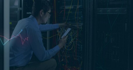 Poster - Animation of multiple graphs over caucasian male engineer checking server using smartphone