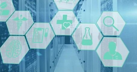 Poster - Animation of icon in hexagon pattern over binary codes and lens flares against server room