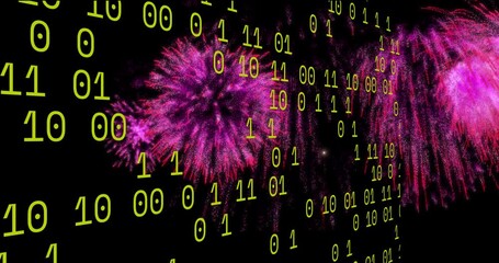 Poster - Animation of looping binary codes over colorful exploding fireworks against black background