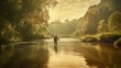 Man fly fishing in river on summer day. Generative AI