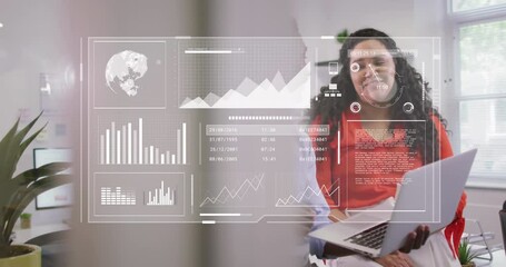 Poster - Animation of graphs, globe and loading bars and circles, diverse coworkers discussing reports